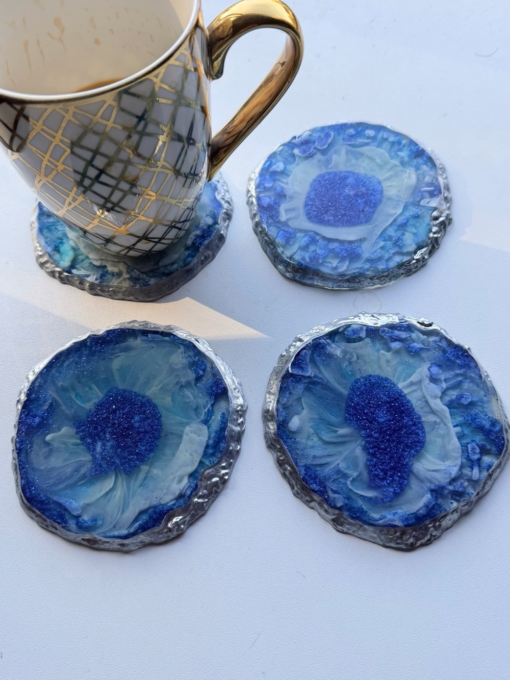 Handmade Blue Resin Geode Coasters with Silver Edge – Set of 4